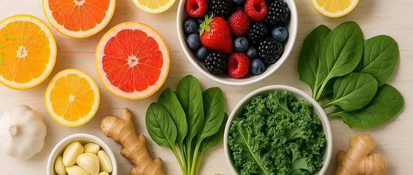 Colorful selection of vitamin-rich foods to strengthen the immune system.