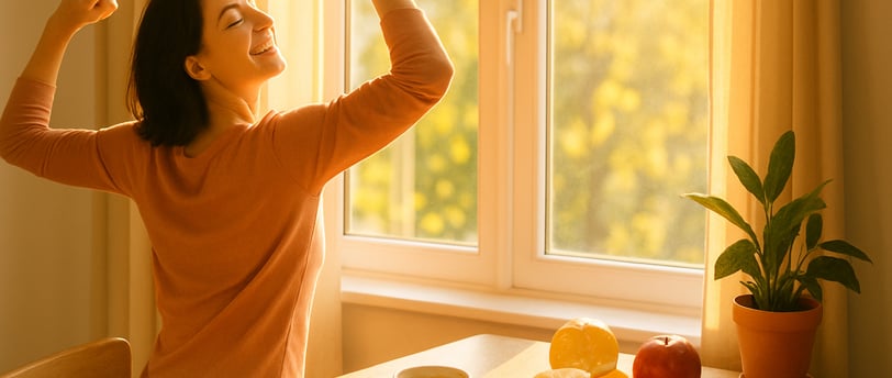 Smiling and energetic woman stretching in the morning sunlight near a healthy breakfast of cereal, coffee, and fresh fruit (a