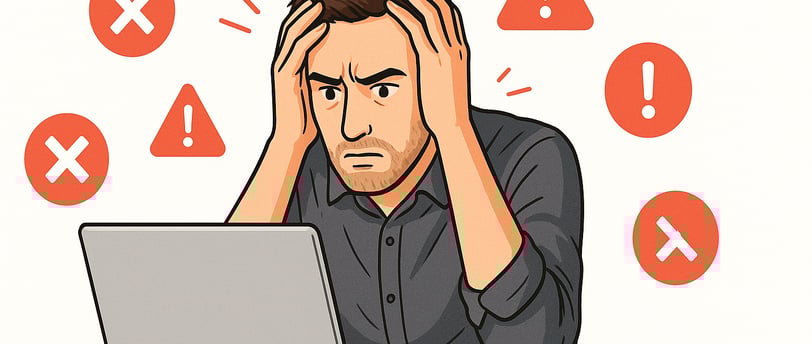 Illustration of a stressed entrepreneur at his laptop, surrounded by red error icons and crosses, symbolizing online business