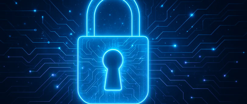 Illustration of a blue digital padlock on a dark background with a virtual network, representing personal data protection.