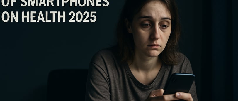 Tired woman holding her smartphone with dark circles and slouched posture, symbolizing hidden phone health dangers in 2025.