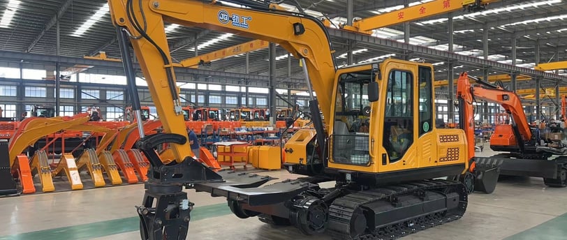 a large yellow excavator in a warehouse