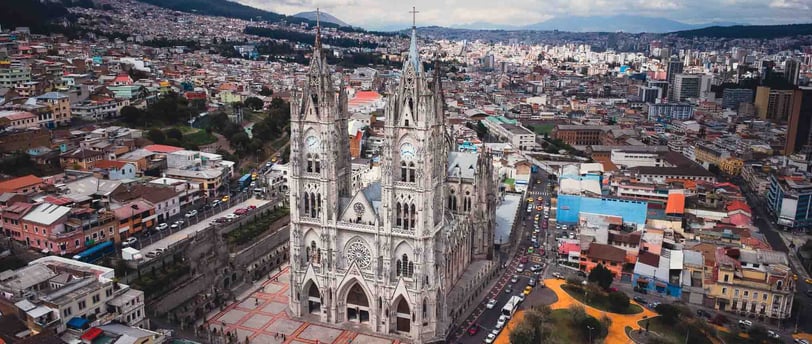 Fotografía aérea hecha con dron de la ciudad de Quito basílica del voto nacional en Ecuador