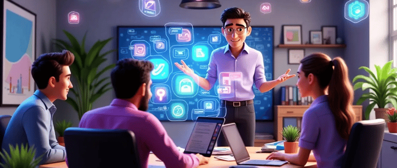 Imagen 3D de Brandketing: equipo creativo, branding, marketing y métricas en un entorno tecnológico