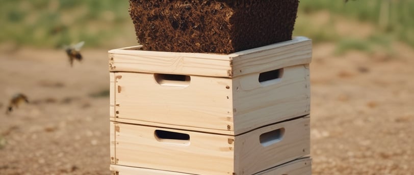 An open beehive with numerous bees crawling over the wooden frames and honeycomb. The frames are arranged vertically, and there is a noticeable amount of honeycomb with a golden yellow color.