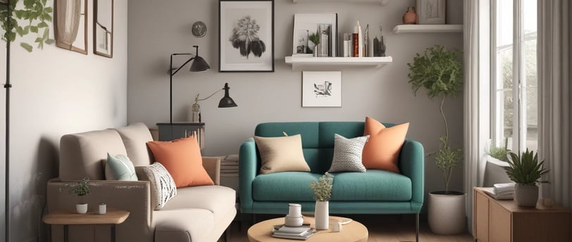 a lsage and coral iving room with a couch and a table