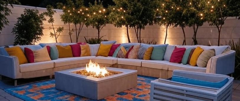 An outdoor patio with string lights, fire pit, rug, and multicolored throw pillows on a patio couch