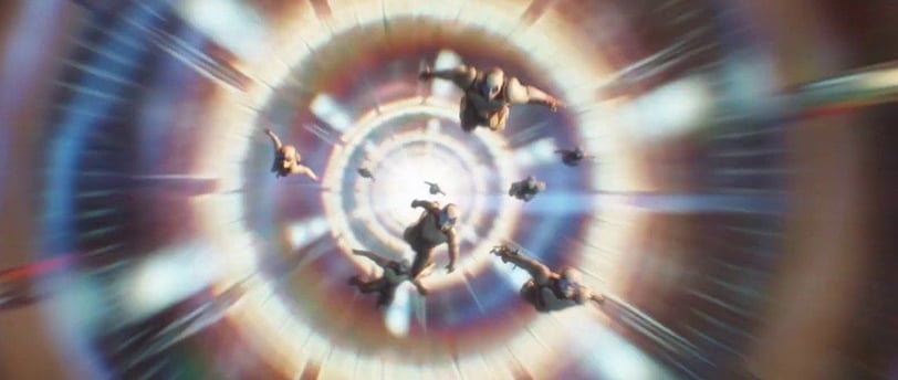 Visual effect of quantum tunnel with characters traversing multidimensional luminous corridor.