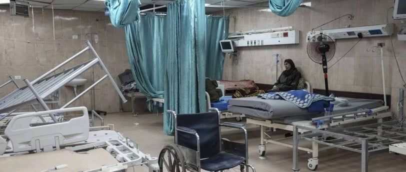 Collapsed hospital equipment and a damaged blood bank in a Gaza due to Israeli bombardment and siege