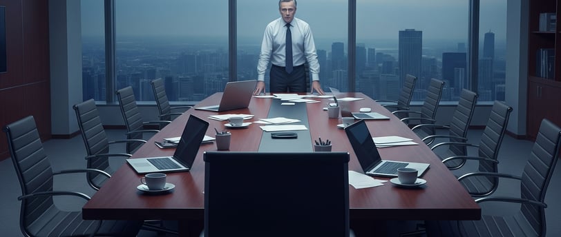 a man in a suit and tie standing in front of a conference table