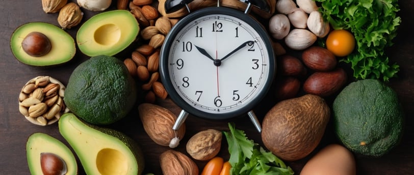 Mesa com frutas, verduras, sementes e um relógio