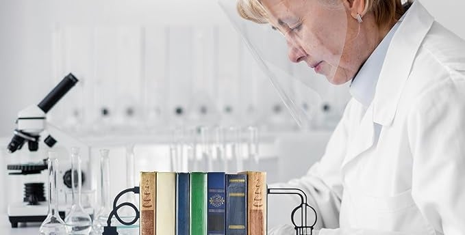 Mulher com Epi's na bancada com um microscópio ao fundo e livros em sua frente