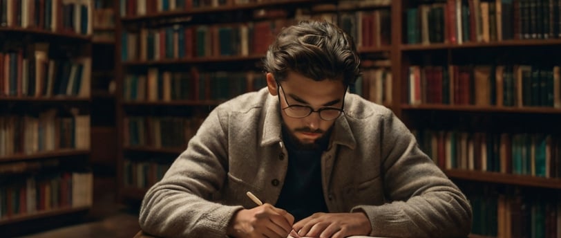 a man sitting at a table with a book and a pen