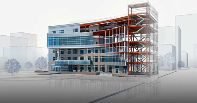 a building with a large building in the background- BIM