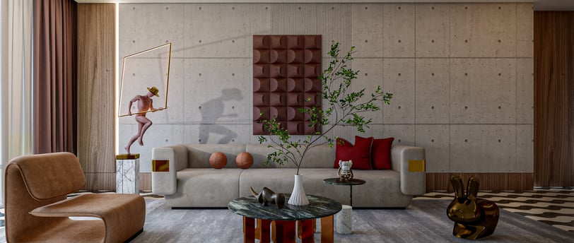 a living room with a couch and a table and 3D Rendering Services