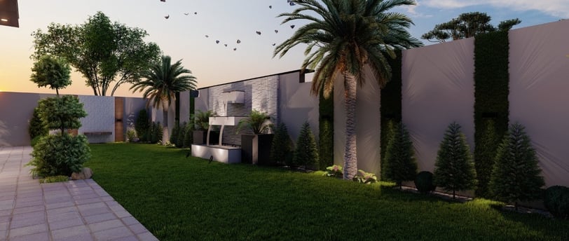 a modern house with a large backyard area- 3D rendering services