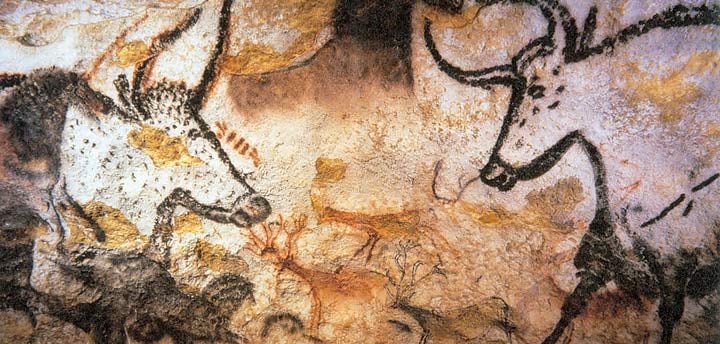 Prehistoric mural in the Lascaux Cave depicting aurochs and other animals