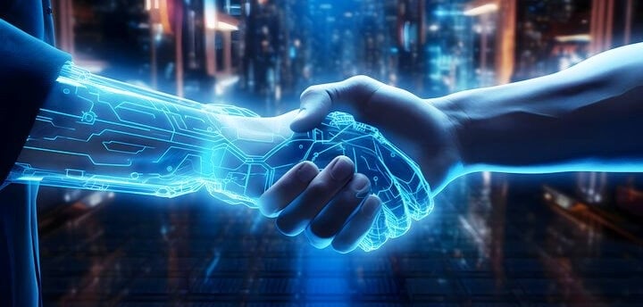 a person shaking hands with a futuristic interface