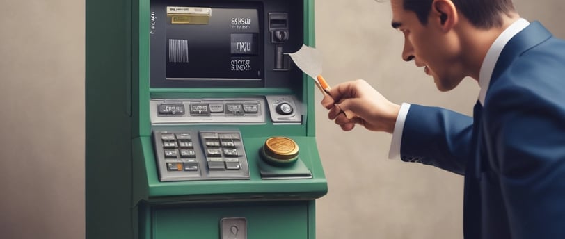 A digital payment card reader is floating in mid-air against a blurred background that includes green foliage and a gray wall. The device features a numeric keypad and has a contactless payment symbol displayed on its screen.