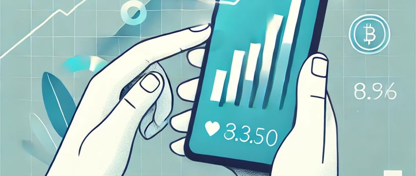 Illustrazione minimalista di un investitore che analizza un grafico Bitcoin su smartphone