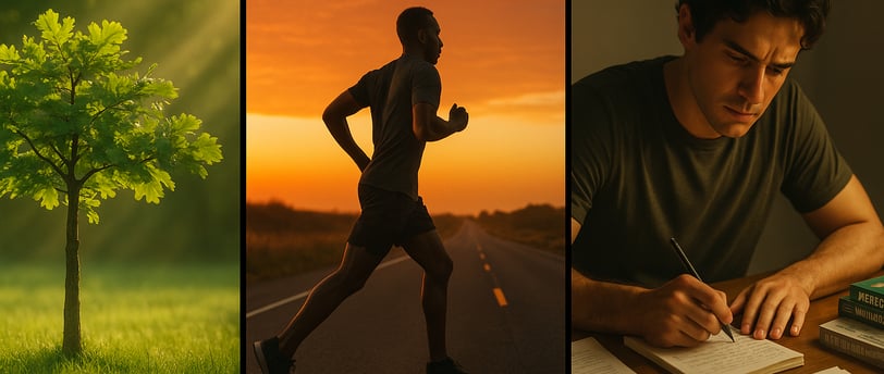3 simbolos: Arvore como paciência, atleta como disciplina e estudante como conhecimento