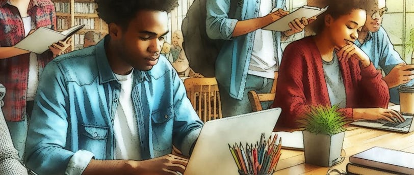 a group of people sitting at a table with laptops