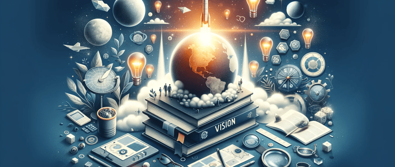 Rakete, die von einer Weltkugel abhelt, die wiederrum auf Büchern zu Vision und Mission liegt