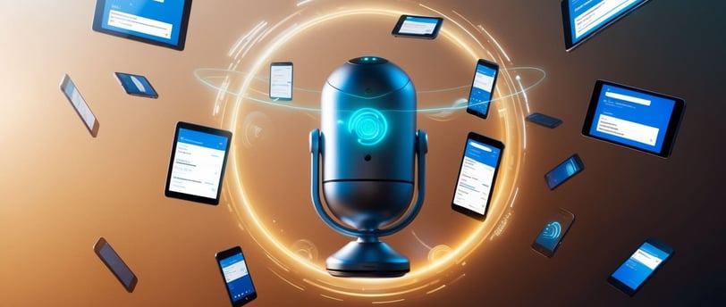 Rise of SEO image , microphpone being circled by all different devices for content