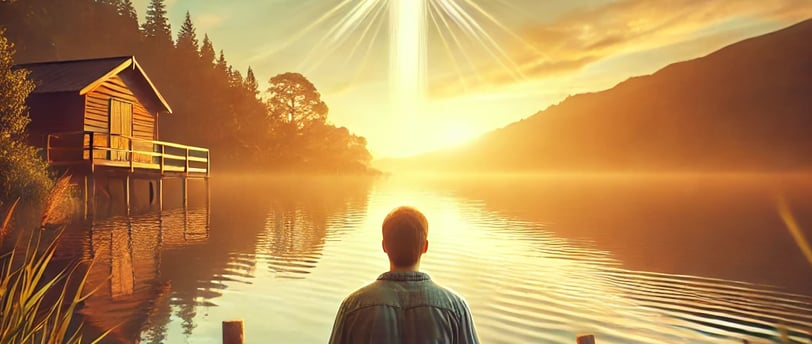 a man sitting on a dock with a cross on the water