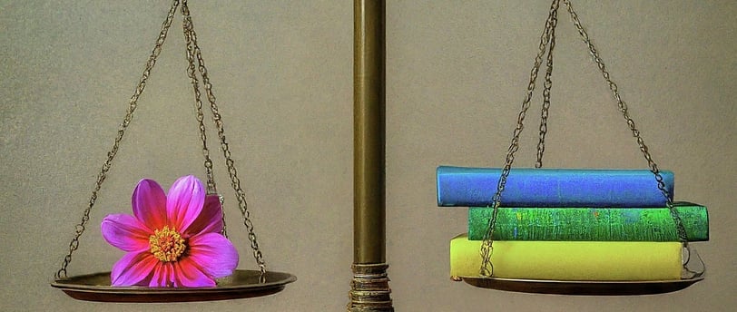 a scale with boocks and a lotus flower