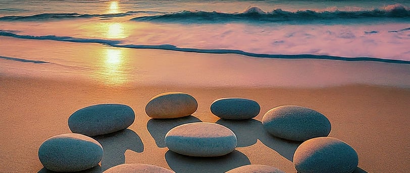 a group of rocks on the beach at sunset