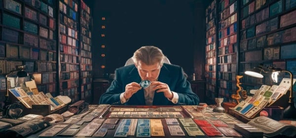 Image of a collector looking at banknotes