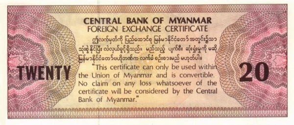 Myanmar FEC Foreign Exchange Certificate 20 Dollars