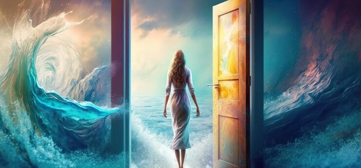 a woman standing in front of a door with a door open
