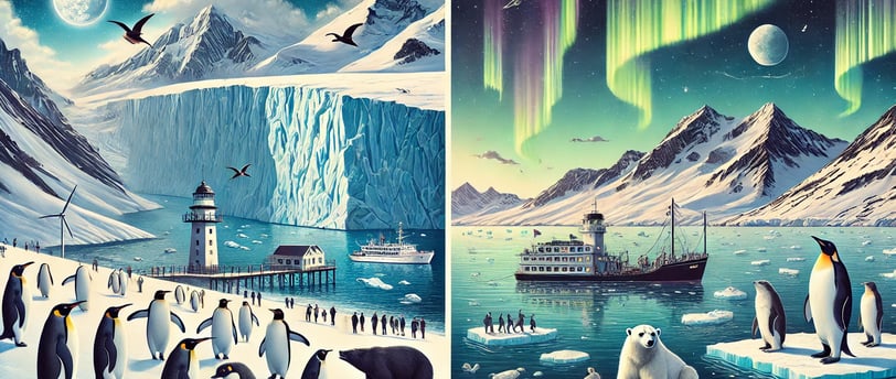 A comparison of Antarctica and the Arctic, showing icy landscapes, polar wildlife, and geographical 