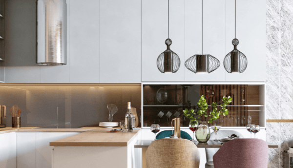 a kitchen with two chairs