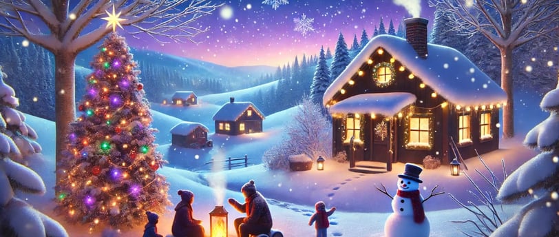 a family christmas scene with a christmas tree and a snowman