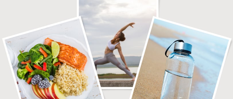 image shows 3 important components for physical health food water and exercise