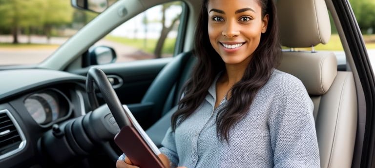 a woman in a car with a book and a book