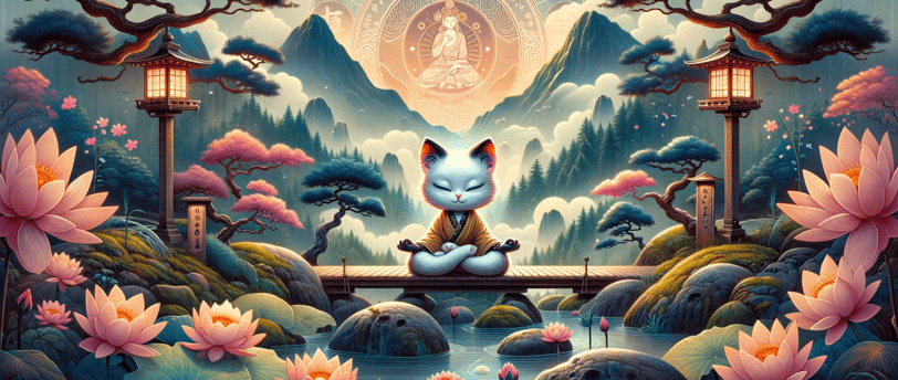 a cat sitting on a bridge with a buddha statue