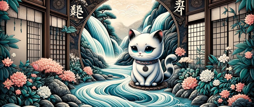 a cat sitting in a room with a picture of a cat