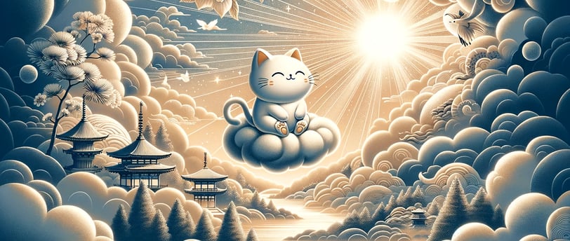 a cat sitting on a cloud filled sky