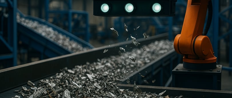 Robotic arm sorting metal scraps on a conveyor belt in a modern recycling facility.