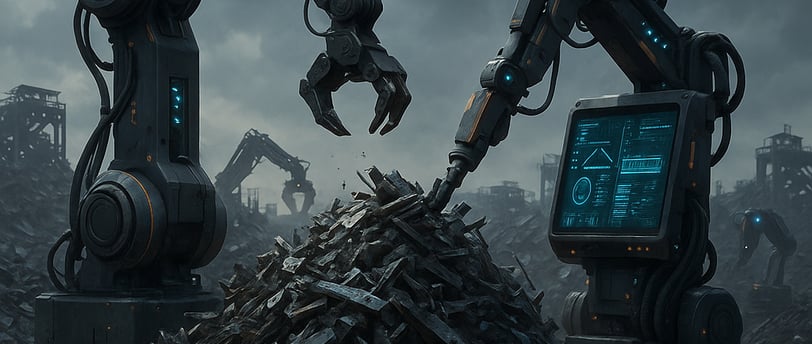 AI robots sorting scrap metal in a futuristic scrapyard.