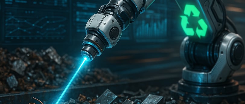 Robotic arm with blue lights sorting metal scraps amid holograms and a glowing recycling symbol.