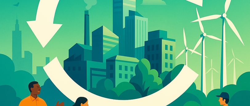A digital illustration of a sustainable city powered by renewable energy, featuring a circular arrow