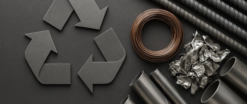 Circular economy concept with recycling symbol and assorted metal materials on a gray background.