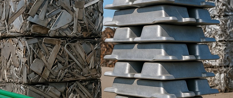 Stacks of green metal pipes, aluminum ingots, and compressed scrap metal bales at a recycling yard 
