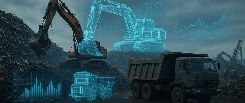 Scrap yard with holographic digital-twin overlays on machinery.