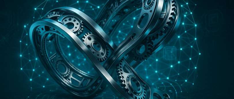 Polished metal infinity loop amid glowing digital nodes.